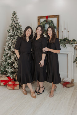Ruffle Hem Black Rib Dress for Christmas, Holiday dress
