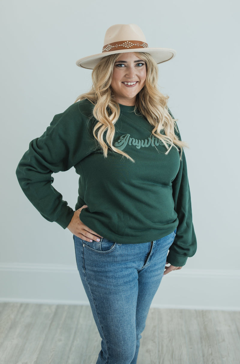 Green Graphic "anywhere" cute sweatshirt on size XL Model