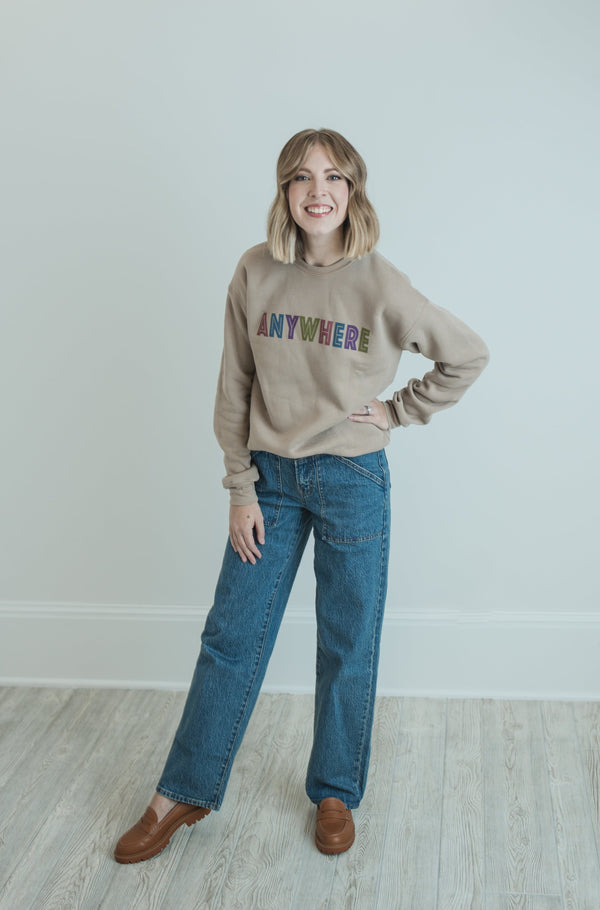 Oversized Tan Graphic Sweatshirt with "Anywhere" in various colors