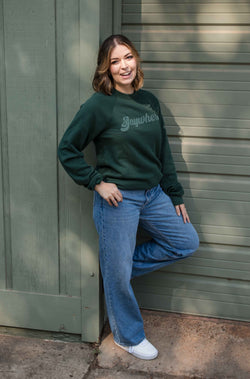 MW Green "Anywhere" Grahic Sweatshirt Model with Brown Hair