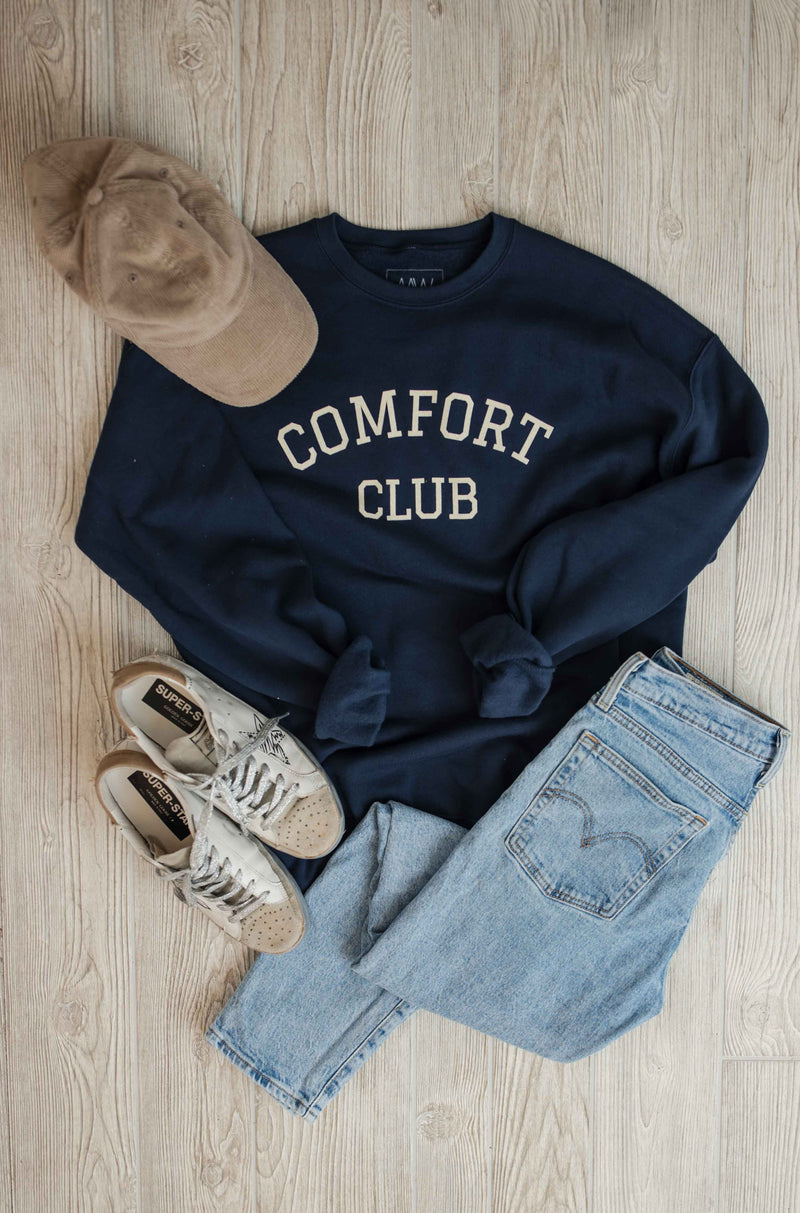 Our Comfort Club Navy Sweatshirt Outfit Idea
