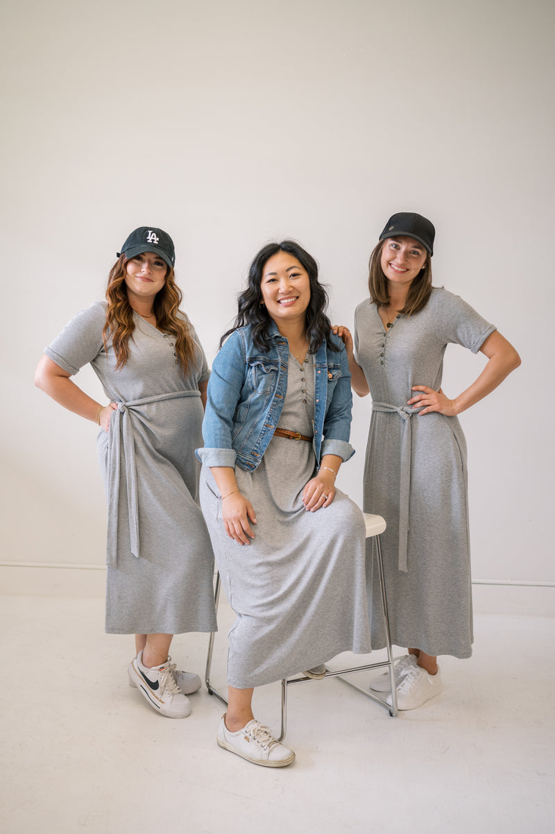 Group Photo of size xs, m, and xl in our gray ribbed fabric styled with white sneakers for the perfect casual outfit.
