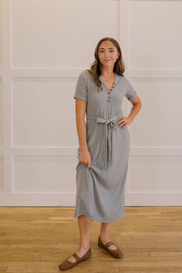MW Anywhere Ribbed Henley Midi Dress in Gray