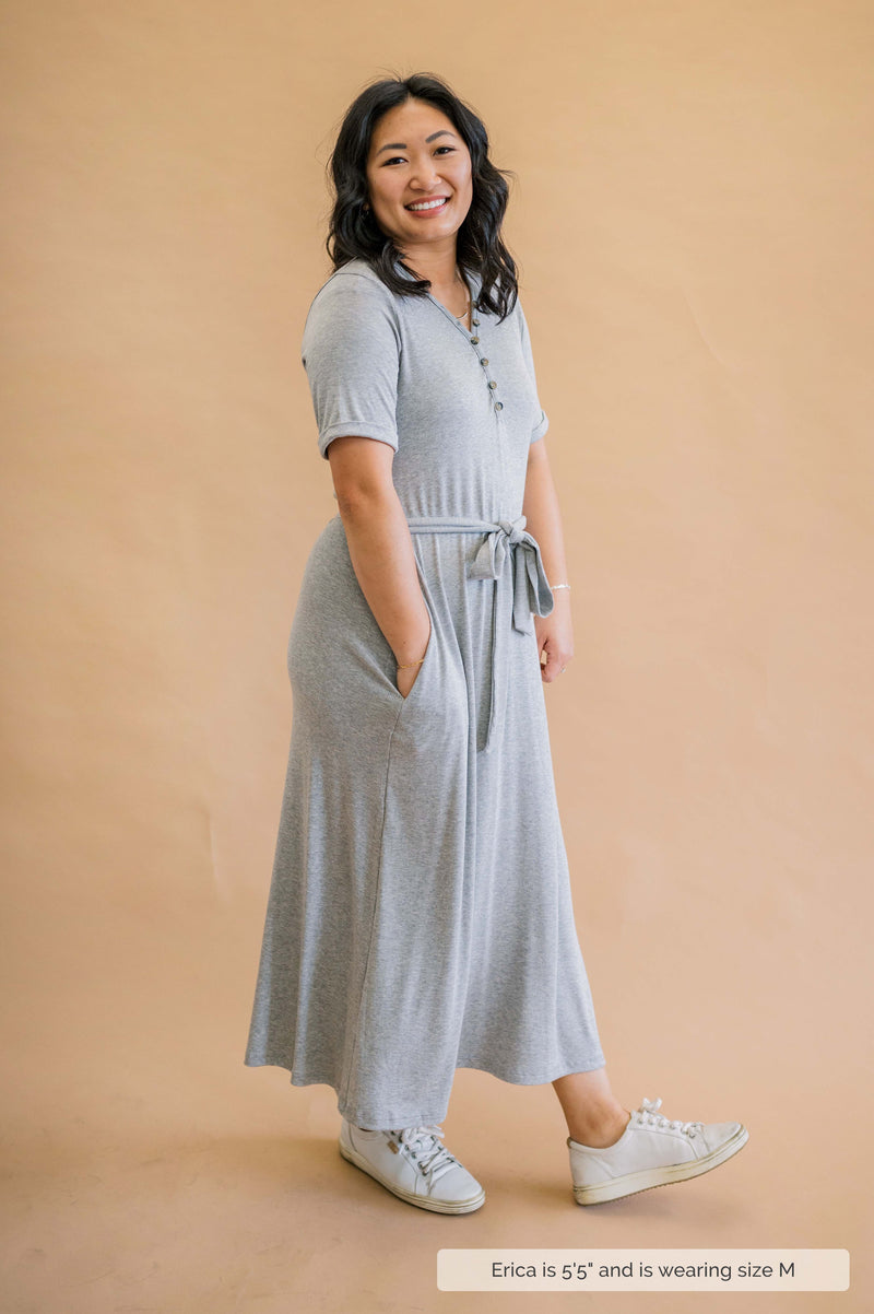 MW Anywhere Ribbed Henley Midi Dress in Gray