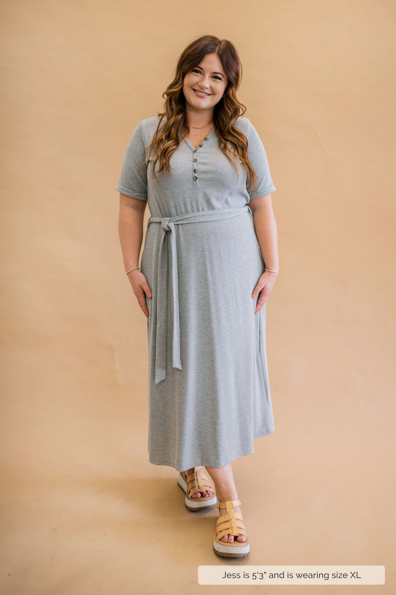 MW Anywhere Ribbed Henley Midi Dress in Gray