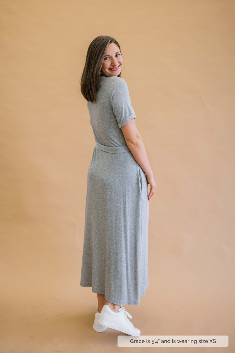 MW Anywhere Ribbed Henley Midi Dress in Gray